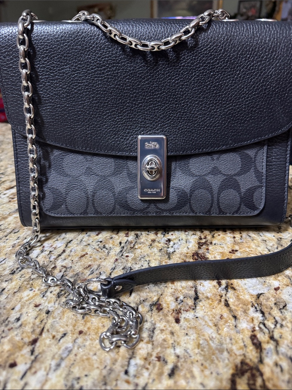 Coach Black and Gray Signature Leather Shoulder Bag